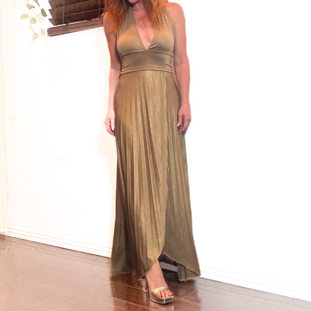 Bebe Backless Gold Halter Evening Dress/Evening Gown